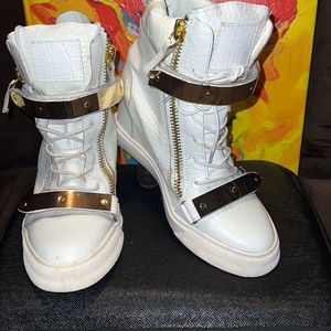 COPY - Giuseppe white leather wedge sneaker shoe. Laces, zippers and straps. Sz…